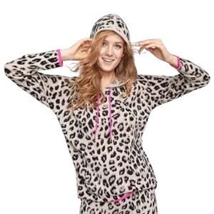 Charter Club Luxury 100% Cashmere Leopard Pink Trim Hoodie Sweatshirt Medium